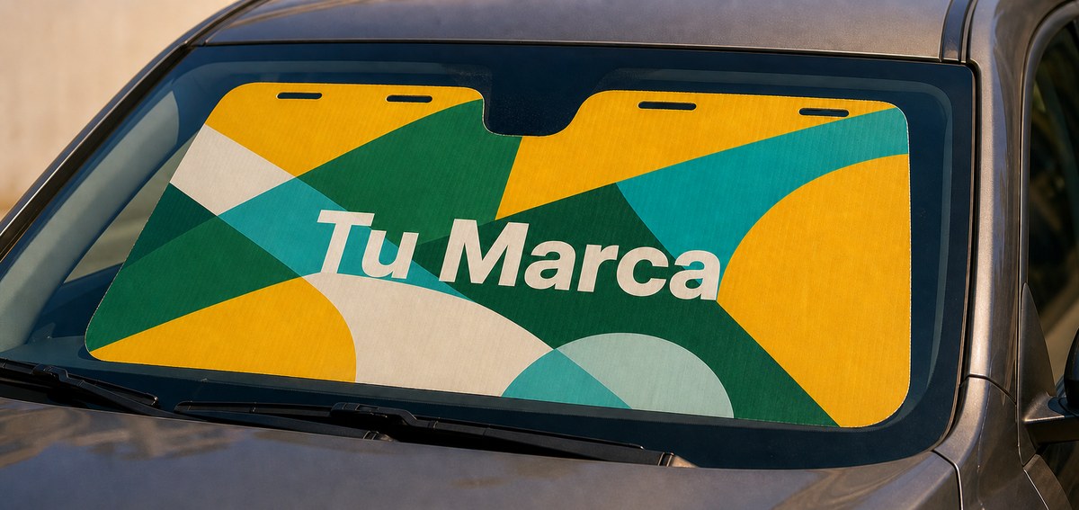 Parasol publicitario de cartón con el texto Tu Marca colocado en el parabrisas de un auto